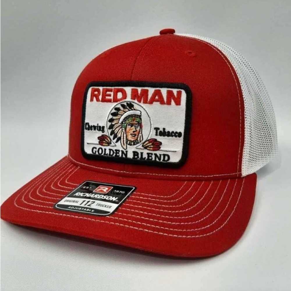 Richardson 112 High Quality Retro Red Man Chewing Red Trucker Hat Cap Vi…